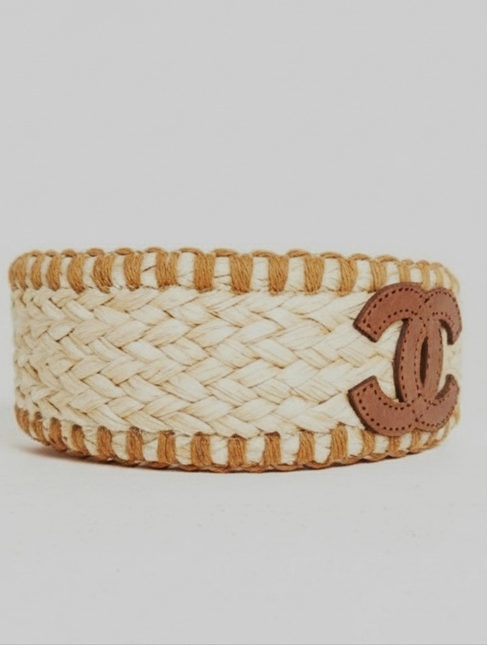 CHANEL Braided Straw Headband in Natural and Tan Leather CC